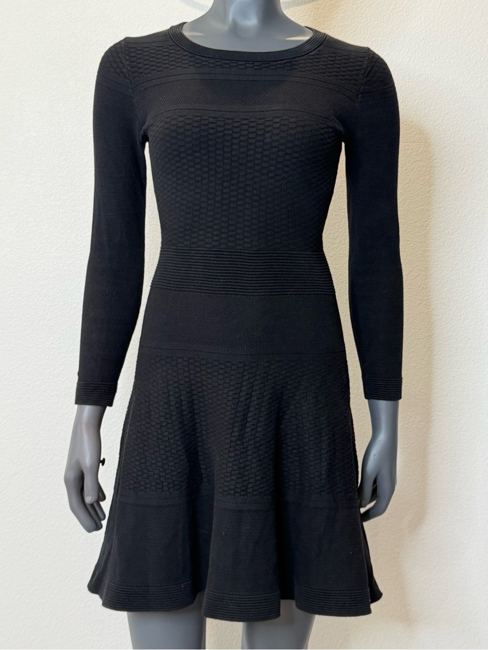 Sandro Paris Textured Knit Long Sleeve Fit & Flare Mini Dress Black Size S